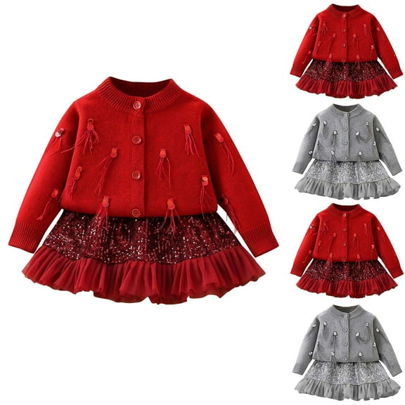 Ashirexll Girls Skirt Set 2 Piece Set Fall Winter Long Sleeve Knit Cardigan with Sequin Skirt Toddler Outfits for Girls Fashion Solid Color