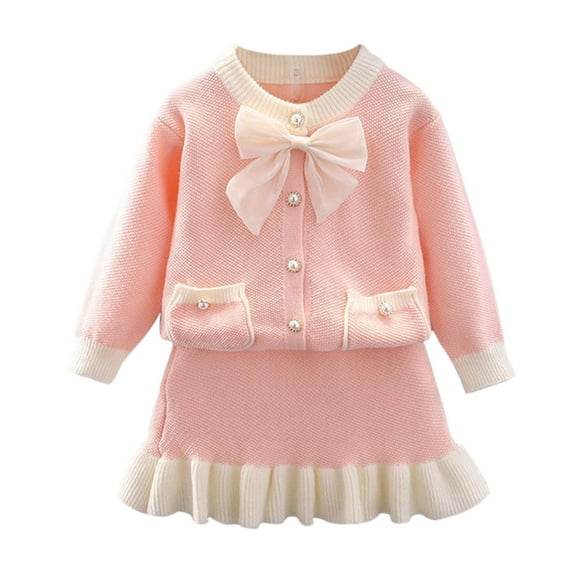 Ashirexll Girls Skirt Set Fall Winter Long Sleeve Button Front Top with Bowknot Short Skirt 2 Piece Set Fashion Outfits for Girls 1-8 Years