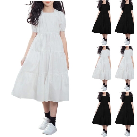Ashirexll Girls Summer Dress Children College Style Solid Color Sleeve Neck Mid To Long Length A-Line for Teen