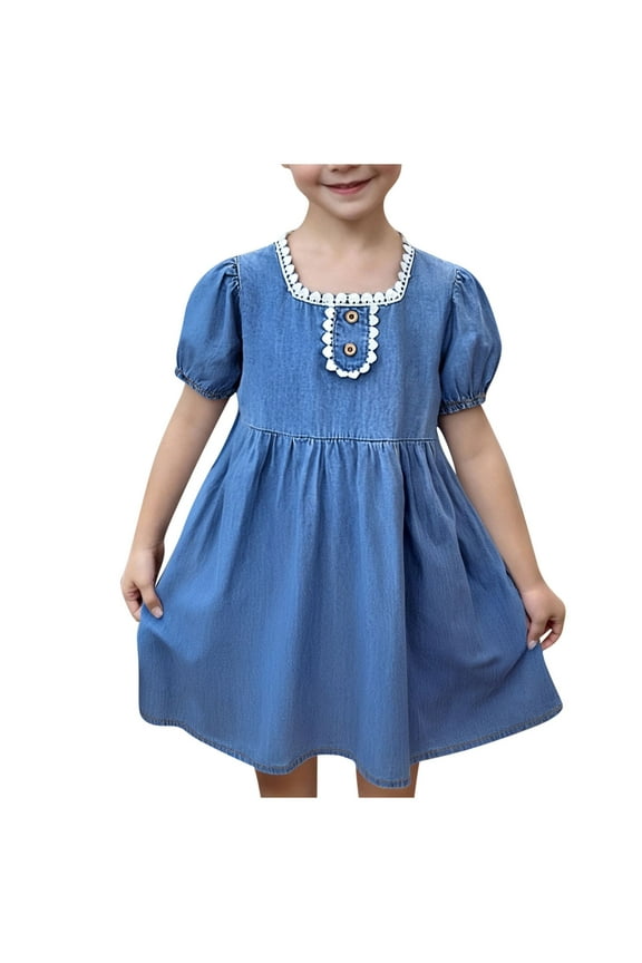 Girls Summer Dress, Dresses for Girls, 3-10Y Children Short Sleeve Denim Dress Comfortable Summer Dress Casual Shirt Dress