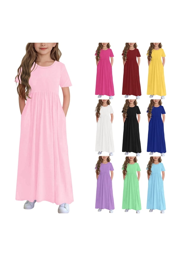 Girls Summer Dress, Girls Dresses Size 10-12, Kids' Solid Color Short Sleeve Round Neck Dress Casual Long Dresses with Pockets