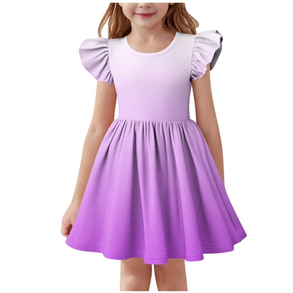 Ashirexll Girls Summer Dress, Girls Dresses Size 10-12, Summer Ruffle Short Sleeve Round Neck Dress for Kids Casual A-Line Gradient Color Dress
