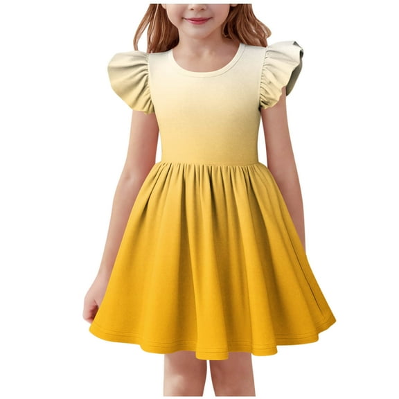 Ashirexll Girls Summer Dress, Girls Dresses Size 10-12, Summer Ruffle Short Sleeve Round Neck Dress for Kids Casual A-Line Gradient Color Dress