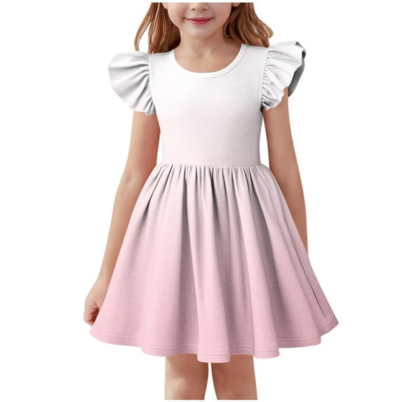 Ashirexll Girls Summer Dress, Girls Dresses Size 10-12, Summer Ruffle Short Sleeve Round Neck Dress for Kids Casual A-Line Gradient Color Dress