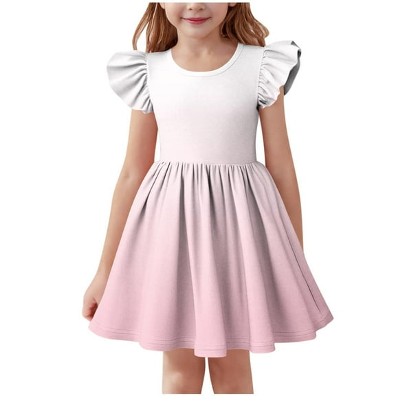 Ashirexll Girls Summer Dress, Girls Dresses Size 10-12, Summer Ruffle Short Sleeve Round Neck Dress for Kids Casual A-Line Gradient Color Dress