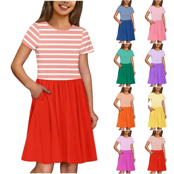 Ashirexll Girls Summer Dress, Girls Dresses Size 10-12, Teen and Kids Striped Short Sleeve Round Neck A-Line Dress with Pockets
