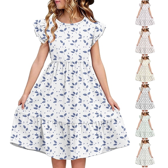 Ashirexll Girls Summer Dress Kids Short Sleeve Double Layer Ruffle Flowy A-Line Dress for 5 to 14 Years