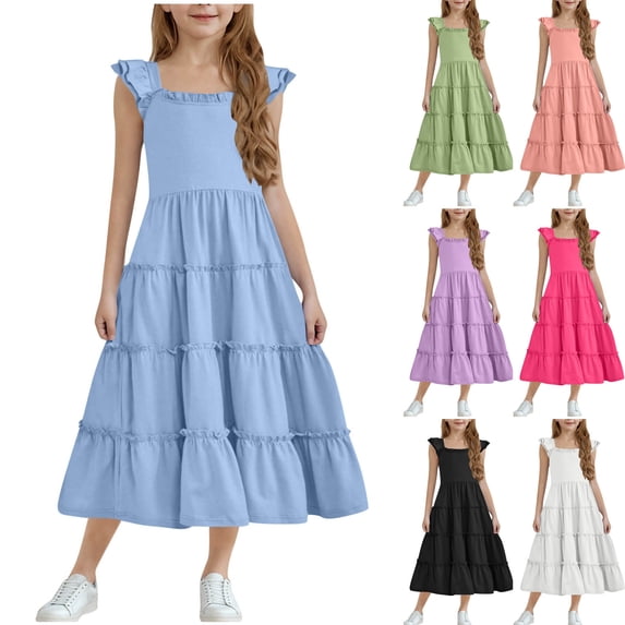 Ashirexll Girls Summer Dress Kids Short Sleeve Fashion Spring Summer Round Neck Ruffle Princess Skirt Dress for Preteen