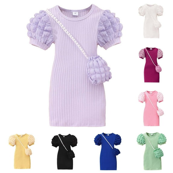 Ashirexll Girls Summer Dress for Little Fashion Casual Lightweight Short Sleeve Round Neck Solid Color Dress With Bag for Small Medium Girls