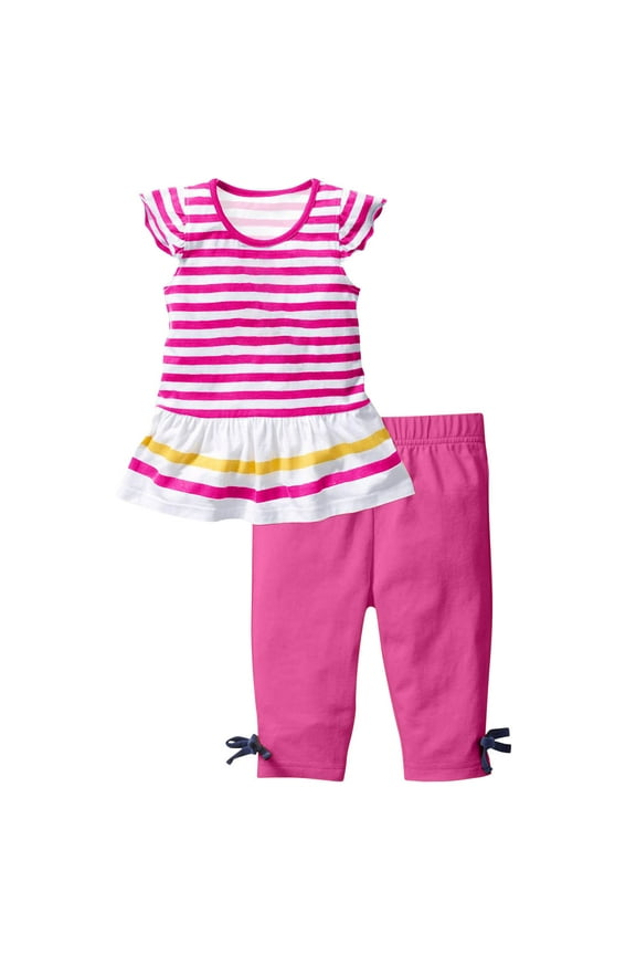 Girls Summer Outfits, Girls Summer Sets, 1-10 Years Fashion Girls' Casual Ruffle Sleeve Striped Shirt Dress Top and Long Pants Summer Outfits