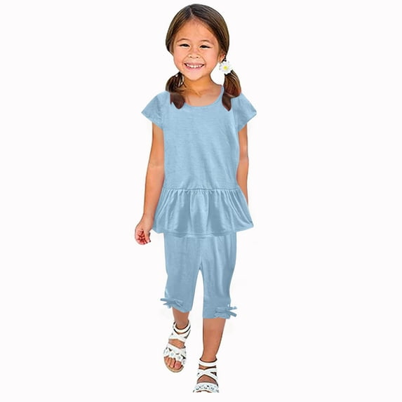Ashirexll Girls Summer Outfits, Girls Summer Sets, 1-10 Years Summer Girls' Casual Short Sleeve Round Neck T-shirt and Elastic Waist Short Pants Solid Color Two Piece Sets