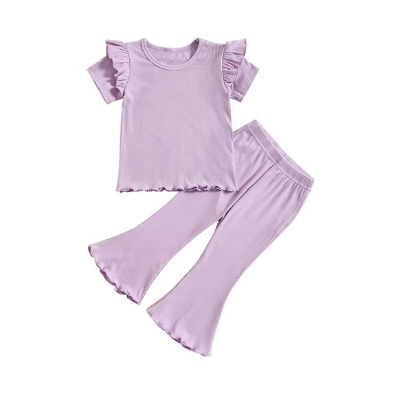 Ashirexll Girls Summer Outfits, Girls Summer Sets, 1-5 Years Girls' Casual Summer Outfits Solid Color Ruffle Short Sleeve Round Neck T-shirts and Long Pants Two Piece Sets