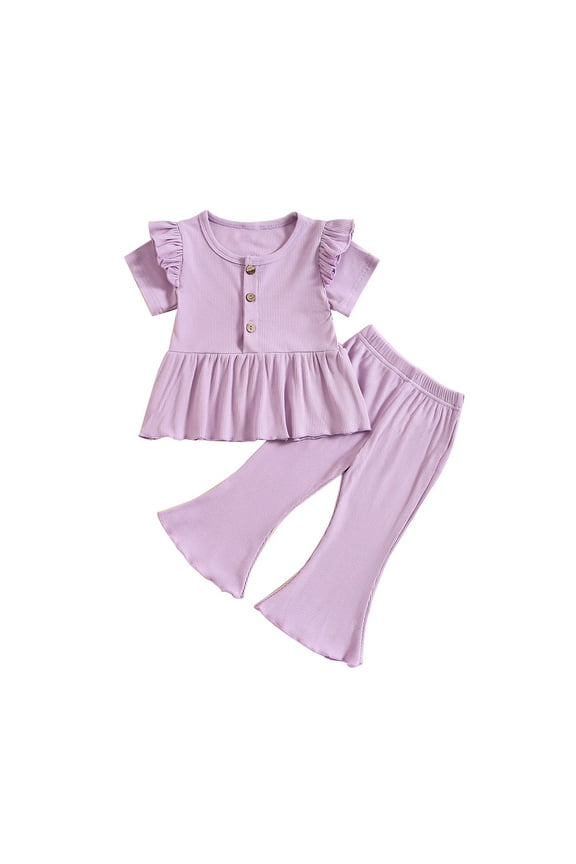Girls Summer Outfits, Girls Summer Sets, 1-5 Years Girls' Casual Summer Outfits Solid Color Ruffle Short Sleeve Round Neck T-shirts and Long Pants Two Piece Sets