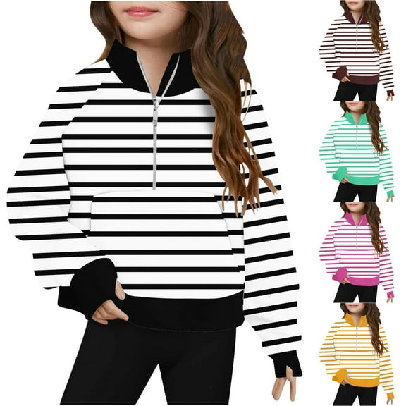 Ashirexll Girls Sweatshirt, Kids Sweatshirts, Fall and Winter Girls Half Zip Collar Sweatshirt Striped Long Sleeve Fleece Sweatshirts for 5-14 Years