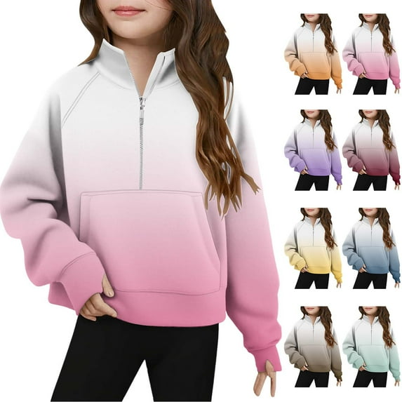 Ashirexll Girls Sweatshirt, Kids Sweatshirts, Fashion Gradient Color Half Zip Collar Sweatshirt Long Sleeve Fleece Sweatshirts for Grils 5-14 Years