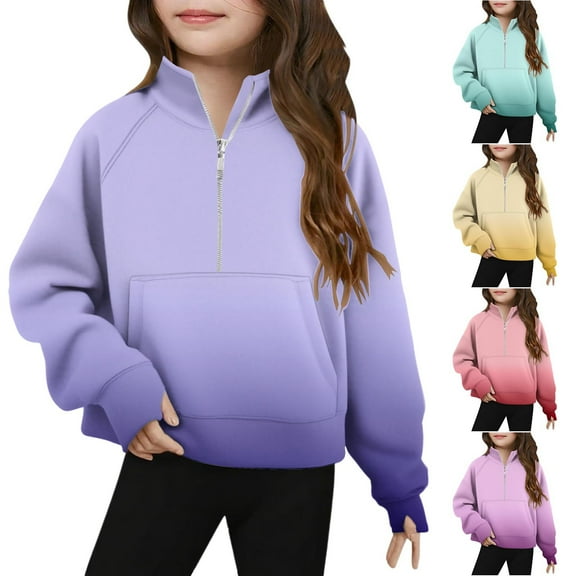 Ashirexll Girls Sweatshirt, Kids Sweatshirts, Fashion Gradient Color Half Zip Collar Sweatshirt Long Sleeve Fleece Sweatshirts for Grils 5-14 Years