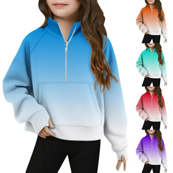 Ashirexll Girls Sweatshirt, Kids Sweatshirts, Fashion Gradient Color Half Zip Collar Sweatshirt Long Sleeve Fleece Sweatshirts for Grils 5-14 Years