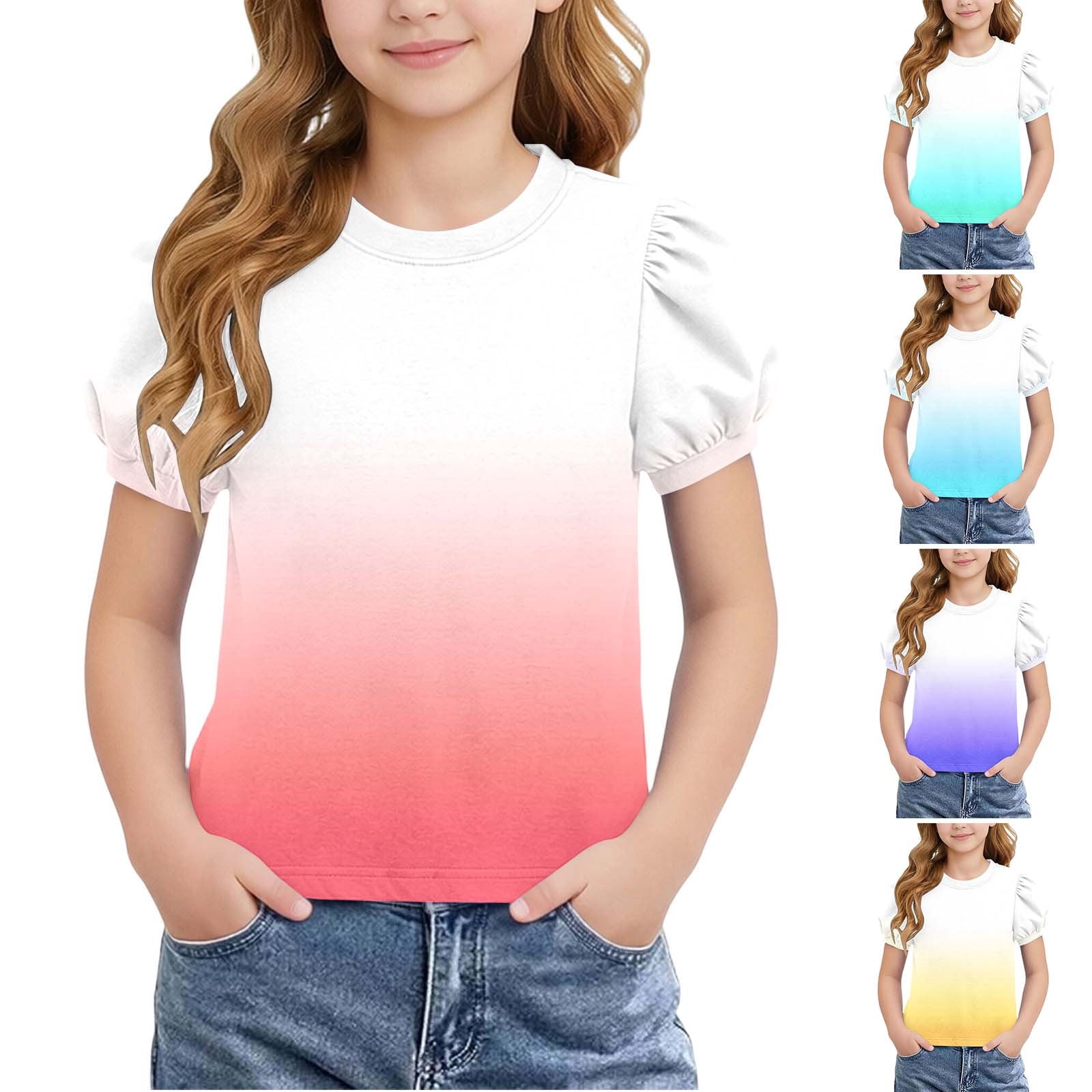 Ashirexll Girls T Shirts Gradient Color Summer Casual Puff Sleeve Short ...