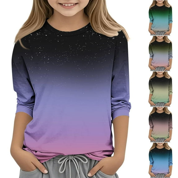 Ashirexll Girls T Shirts, Shirts for Girls, 3-12 Years Summer Shirts for Girls Fashion Points Printed Gradient Color 3/4 Sleeve Round Neck Tops