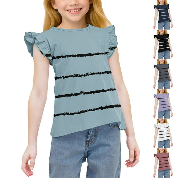 Ashirexll Girls T Shirts, Shirts for Girls, Girls' Summer Shirts Cute Ruffle Sleeve Round Neck Casual Top Plaid and Striped T-shirts for 3-15 Years