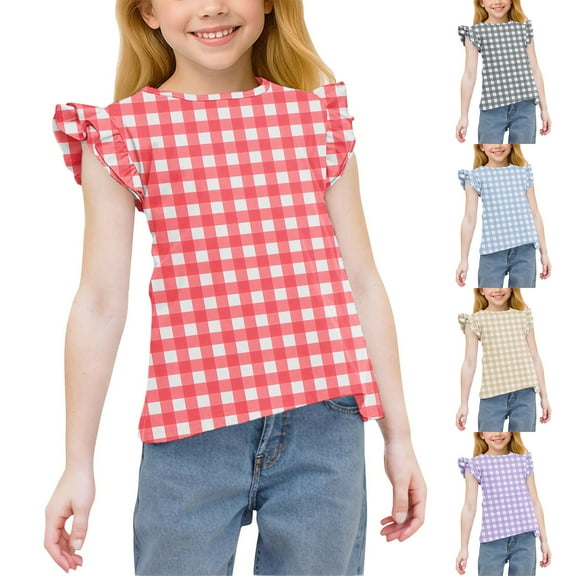 Ashirexll Girls T Shirts, Shirts for Girls, Girls' Summer Shirts Cute Ruffle Sleeve Round Neck Casual Top Plaid and Striped T-shirts for 3-15 Years