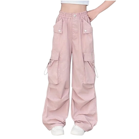 Ashirexll Girls Wide Leg Pants Boys Winter Pants Solid Color Elastic Waistband Loose Fitting Work Pants Medium Size With Pockets for Kids