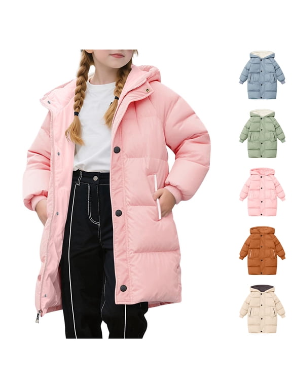 Girls Winter Coat Girls Puffer Jackets 2-11 Years Solid Color Down Long Sleeved Hooded Jacket Casual Outwear