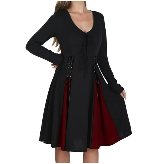 Ashirexll Halloween Costumes for Women Medieval Renaissance Waisted Tie Dresses Long Sleeve V-Neck Dresses Wine L