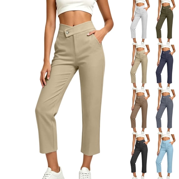 Ashirexll High Waisted Pants for Women Fall Fashion Golf Straight Button Closure Work Pants with Side Pockets for Outdoor