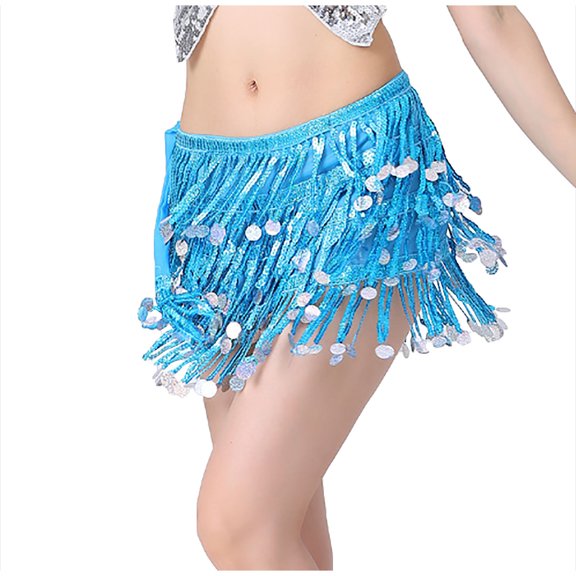 Ashirexll High Waisted Skirts for Women, Fashion Belly Dance Waist Chain 4 Layer Sequin Fringe Waist Belt Hip Scarf Lace-Up Skirt Sky Blue Free Size