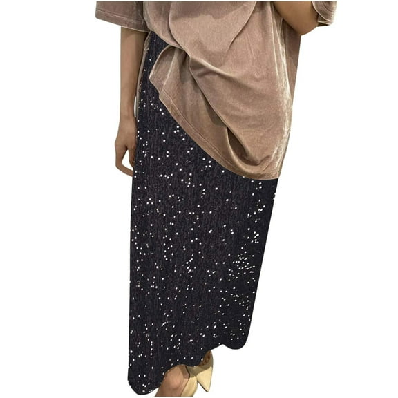 Ashirexll High Waisted Skirts for Women, Plus Size Comfortable Breathable Solid Color Sequined Stretch Waistband and Ankle Flowy Long Skirt Black M