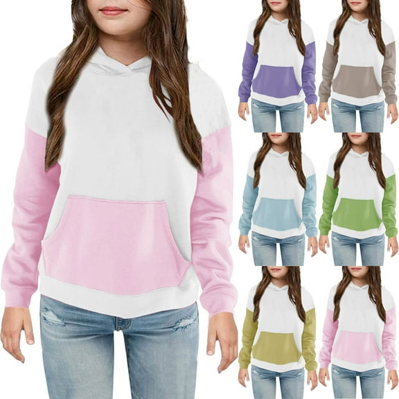 Ashirexll Hoodies for Girls, Comfort Hoodie, Fall and Winter Girls Long Sleeve Solid Color Matching Hoodies Round Neck Hooded Sweatshirts with Pocket