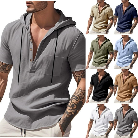 Ashirexll Hoodies for Men, Big and Tall Shirts for Men, Solid Color Summer Casual and Athletic Short Sleeve Button Hooded Pocket Shirts