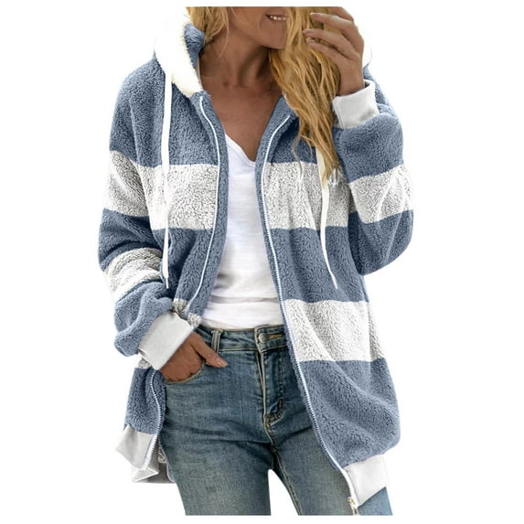 Ashirexll Hoodies for Women Fall Winter Warm Fleece Striped Zipper Plus Size Casual Long Sleeve Jackets for Women Light Blue 5XL