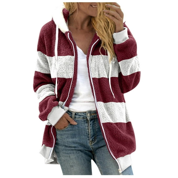 Ashirexll Hoodies for Women Fall Winter Warm Fleece Striped Zipper Plus Size Casual Long Sleeve Jackets for Women Wine 3XL
