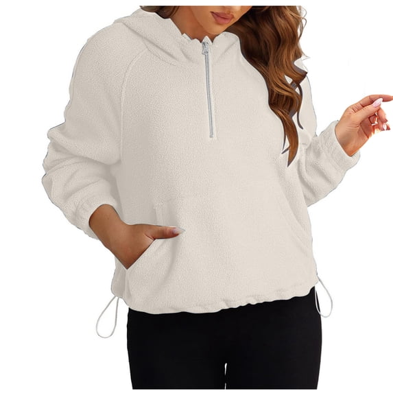 Ashirexll Hoodies for Women, Half Zipper Sweatshirts Long Sleeve Cropped Hoodie Winter Warm Pullover Tops with Pockets Beige L