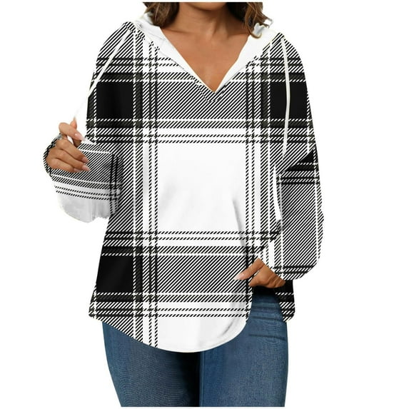 Ashirexll Hoodies for Women, Oversized Hoodies for Women, Fashion Ladies Plaid Hooded Sweatshirts Fall V-neck Long Sleeve Hoodies