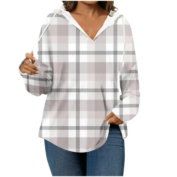Ashirexll Hoodies for Women, Oversized Hoodies for Women, Fashion Ladies Plaid Hooded Sweatshirts Fall V-neck Long Sleeve Hoodies