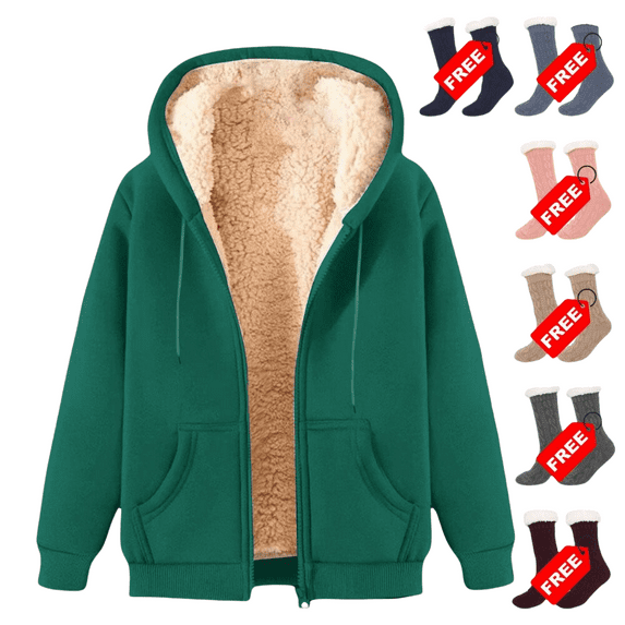Ashirexll Hoodies for Women Winter Thick Warm Oversized Zip Up Loose Long Sleeve Solid Color Versatile Fleece Lined Jacket with Pockets Green L