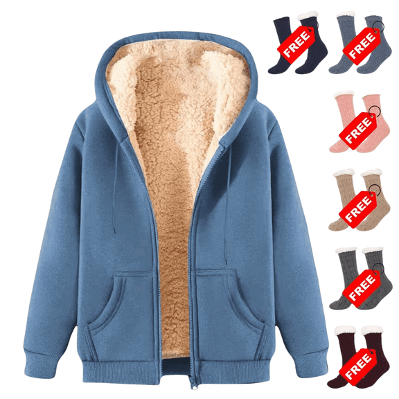 Ashirexll Hoodies for Women Winter Thick Warm Oversized Zip Up Loose Long Sleeve Solid Color Versatile Fleece Lined Jacket with Pockets Light Blue L