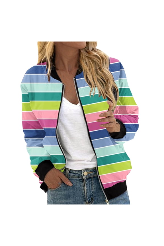 Jackets for Women Casual Fashion Striped Printed Jacket Casual Coat Zip Up Lightweight Outerwear with Pockets Purple D XXL