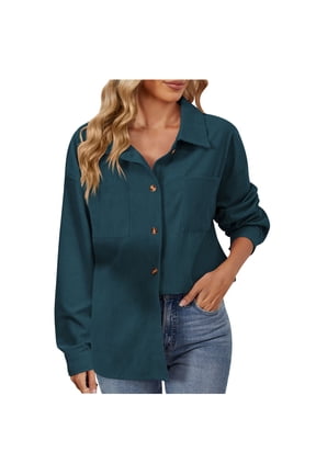 Jackets for Women Fall Casual Lapel Button Corduroy Long Sleeve Loose Shirt Jacket with Pockets Tops Blouses Loose Fit Dark Blue L