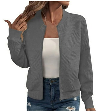 Ashirexll Jackets for Women Fall Casual Lightweight Versatile Round Neck Zip Up Long Sleeve Solid Color Loose Coat Gray XL