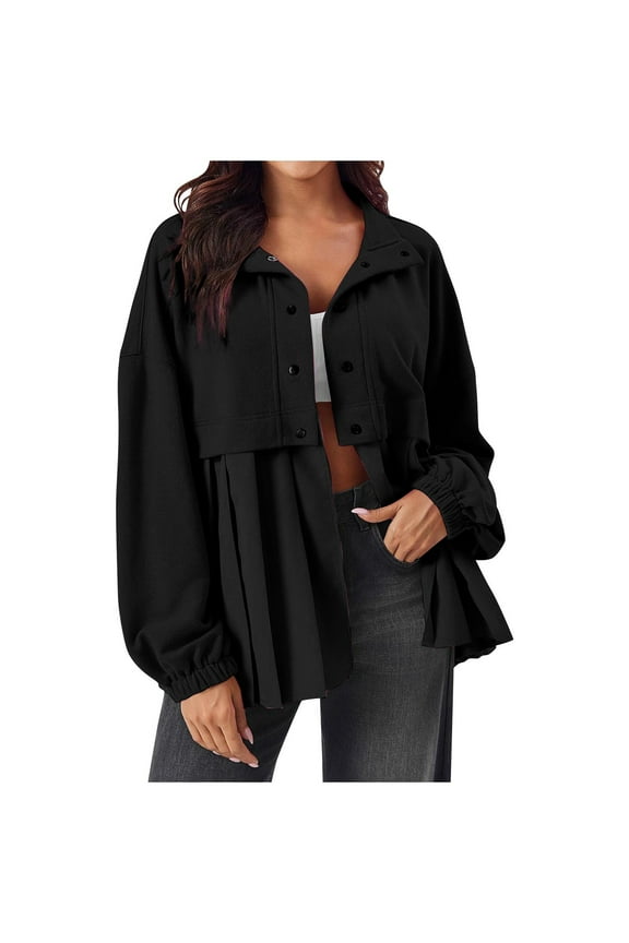 Jackets for Women Fall Fashion Casual Loose Solid Color Splicing Collar Button Up Outwear Long Sleeve Lightweight Jackets Black M