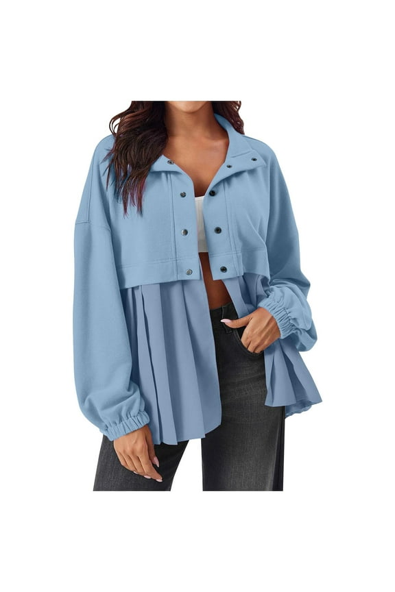 Jackets for Women Fall Fashion Casual Loose Solid Color Splicing Collar Button Up Outwear Long Sleeve Lightweight Jackets Light Blue S