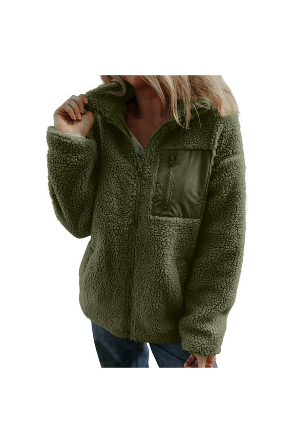 Jackets for Women Fall Winter Warm Casual Full Zip Soft Plush Rocker Lightweight Long Sleeve Jacket Casual Fleece Zip Up Women Army Green L