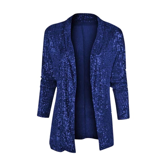 Ashirexll Jackets for Women Fashion Casual Long Sleeve Turndown Collar Solid Color Sequin Tops Coat Blue L