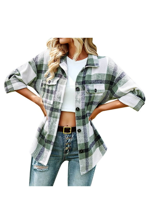 Jackets for Women Flannel Plaid Shacket Long Sleeve Button Shirts Jacket Coats with Side Pockets Green XXL
