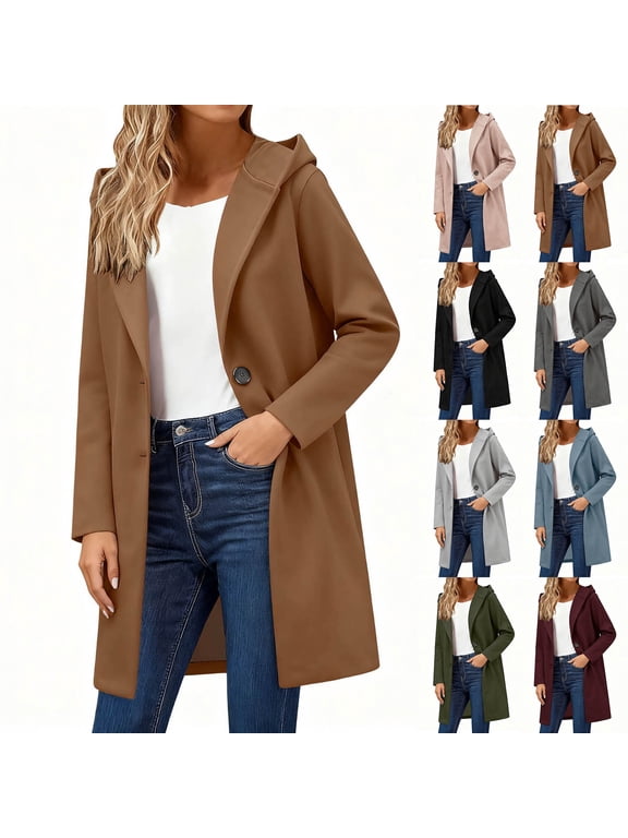 Jackets for Women Trendy, Womens Winter Coats, Casual Warm Winter Daily Solid Color Loose Long Sleeve Hooded Woolen Coat