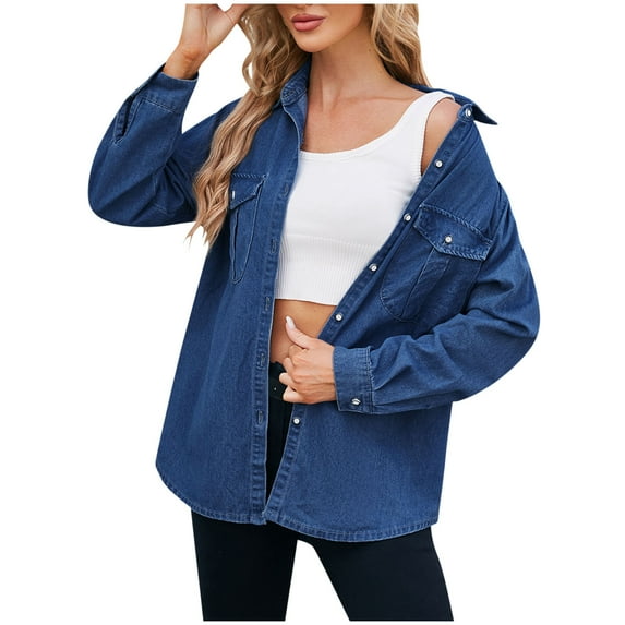 Ashirexll Jeans Jacket for Women, Fashion Color Lapel Look Slimmer Sleeve Denim Jacket Dark Blue L